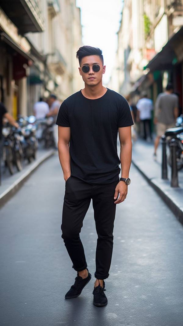 黑色短袖配蓝色牛仔裤,黑蓝经典搭配夏日潮流休闲风范