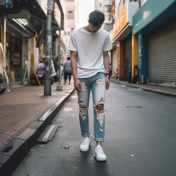 男生蓝色牛仔裤配什么上衣，男生蓝色牛仔裤穿搭指南，百搭上衣款式全解析