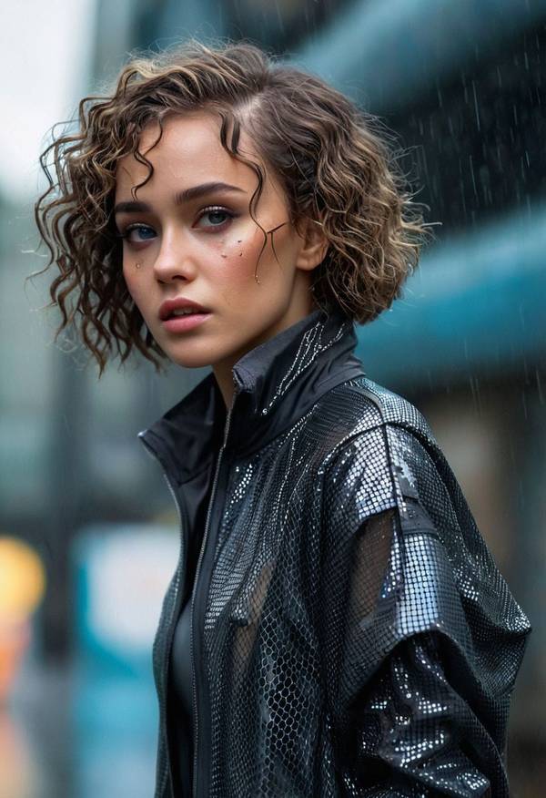 女生短发卷发发型，白水揉碎了月光洗发水广告衫的风衣里错乱