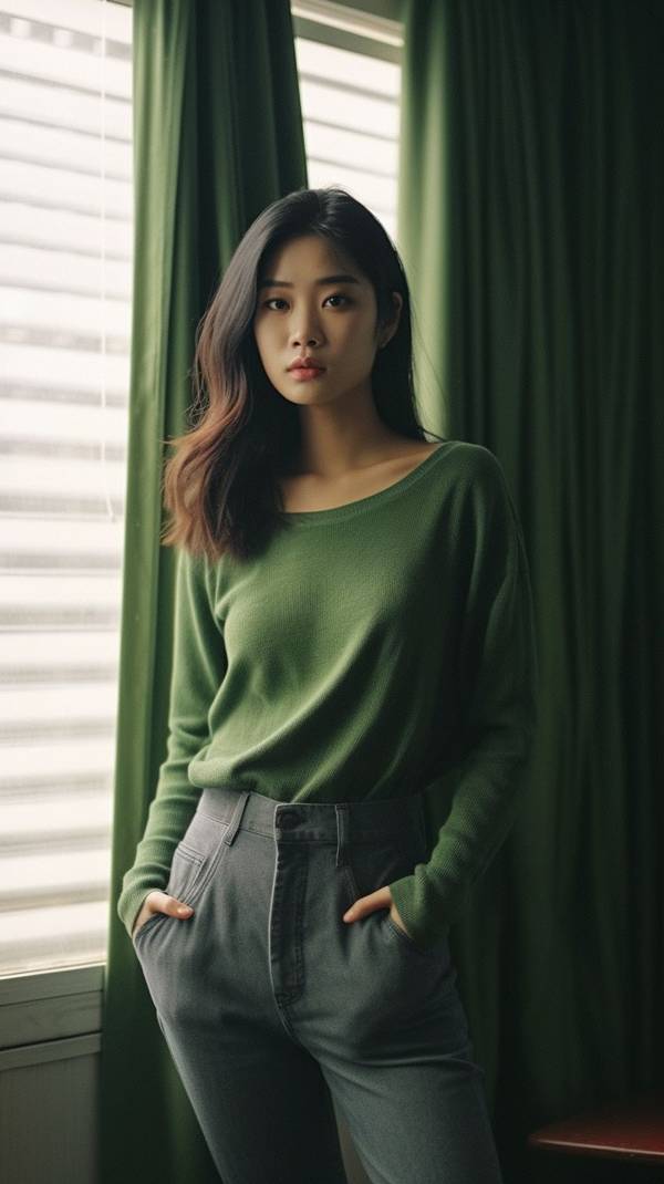 绿色上衣搭配什么颜色裤子，绿色上衣与牛仔蓝裤的经典简约穿搭法则