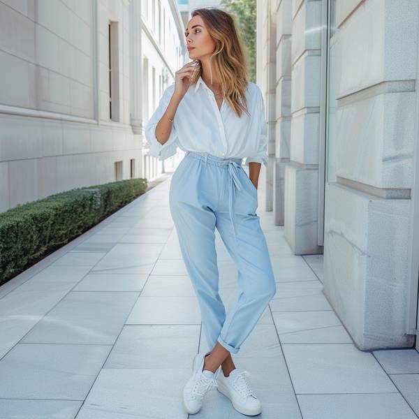 蓝色裤子配什么颜色上衣好看,优雅蓝裤穿搭指南:从牛仔蓝到克莱因蓝的配色方案