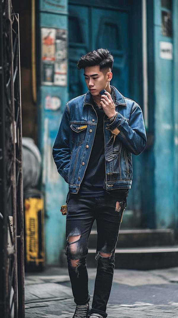 男生蓝色牛仔裤配什么上衣，男生蓝色牛仔裤穿搭指南，百搭上衣款式全解析