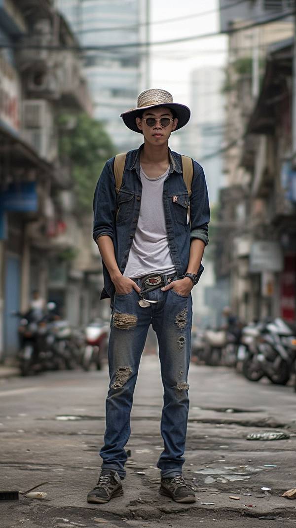 男生蓝色牛仔裤配什么上衣，男生蓝色牛仔裤穿搭指南，百搭上衣款式全解析