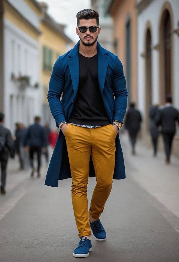 蓝色的裤子配什么颜色的上衣，蓝色裤装色彩搭配指南：5种时髦配色方案解析
