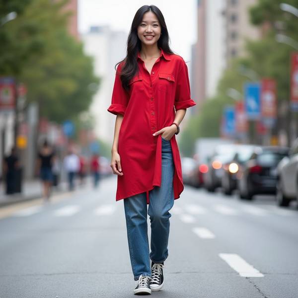 红色上衣配什么裤子，纯白牛仔裤配红上衣，显白又时髦