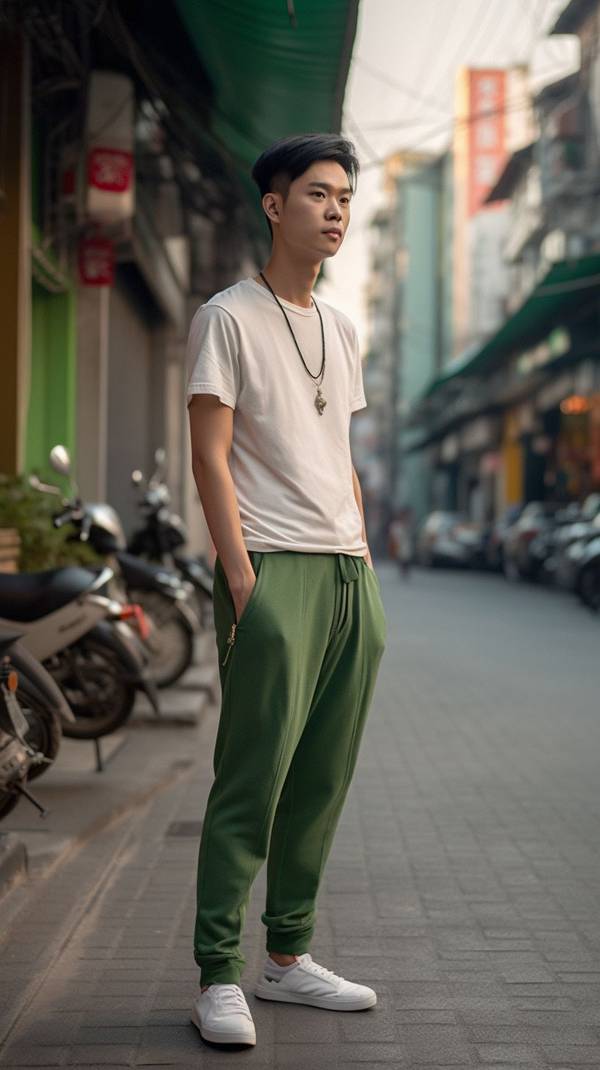 男生绿色t恤配什么裤子，夏季型男绿色T恤穿搭全攻略，这些裤子最吸睛百搭