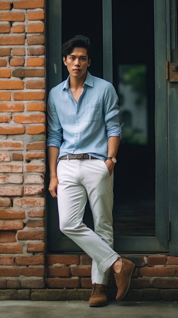 深蓝上衣配什么颜色裤子,深蓝上衣搭配咖啡色裤子与白色板鞋指南